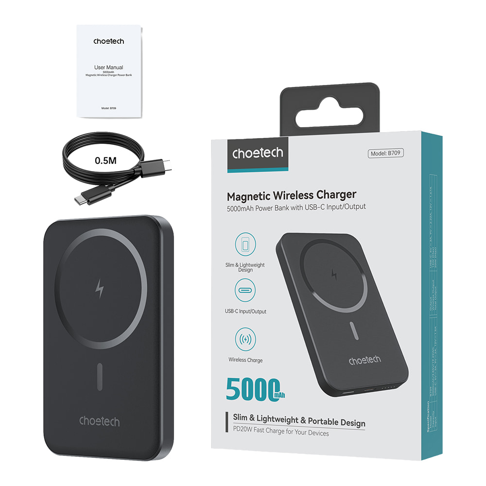 Power Bank B709 з магнітною зарядкою 5000mAh Black Choetech Power Bank B709 з магнітною зарядкою 5000mAh Black Choetech