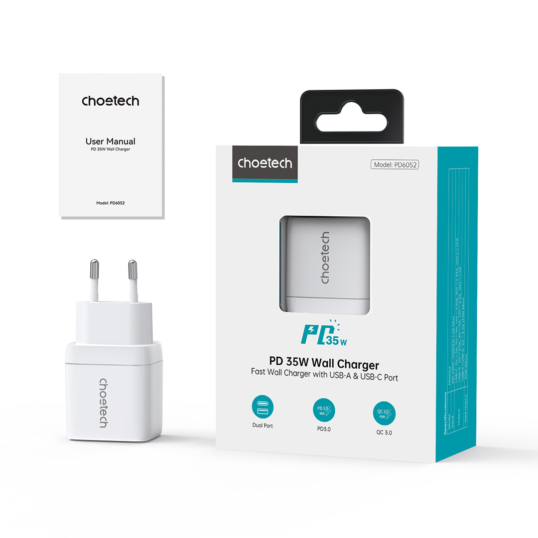 Адаптер PD6052 PD35W GAN A+C Display wall charger White Choetech Адаптер PD6052 PD35W GAN A+C Display wall charger White Choetech