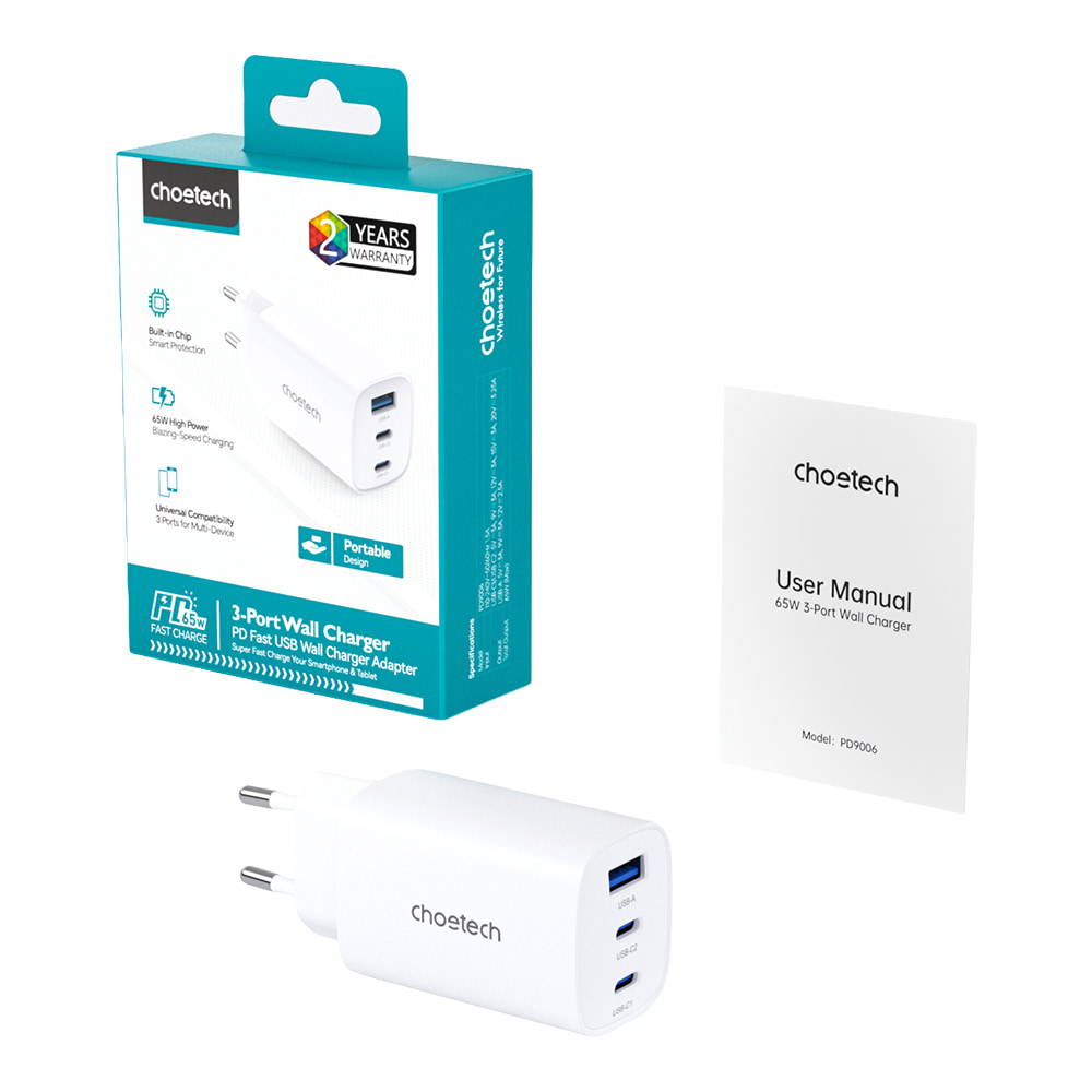 Адаптер PD9006 PD65W GAN A+2xC wall charger White Choetech Адаптер PD9006 PD65W GAN A+2xC wall charger White Choetech