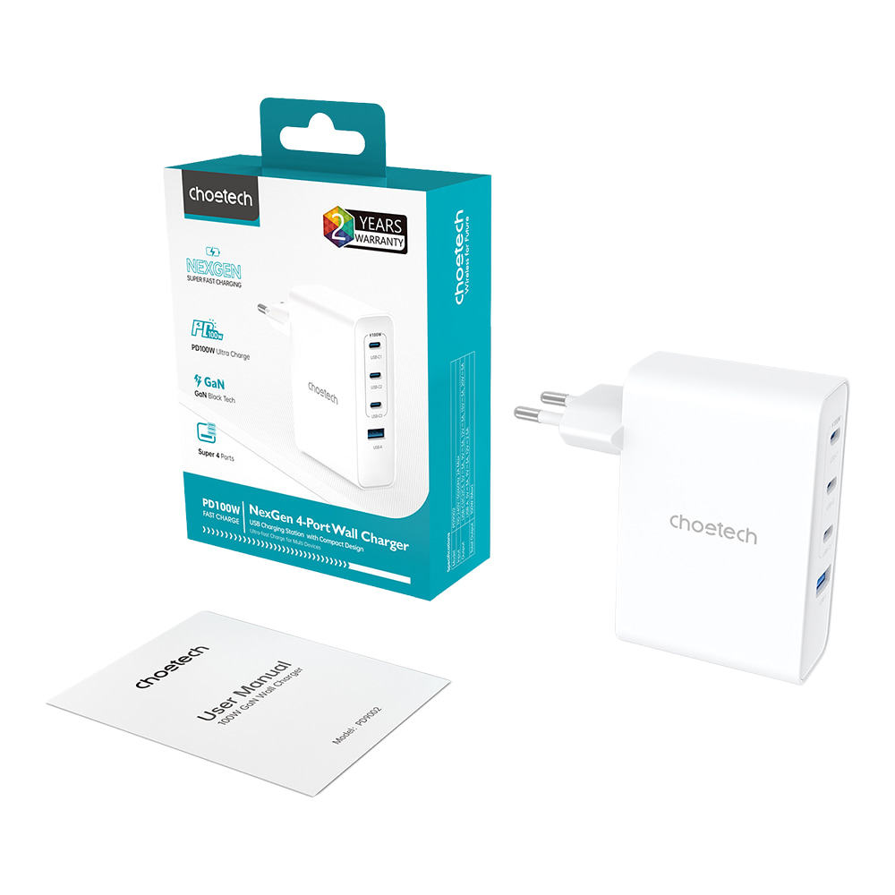 Адаптер PD9002 PD100W GAN A+3xC wall charger White Choetech Адаптер PD9002 PD100W GAN A+3xC wall charger White Choetech