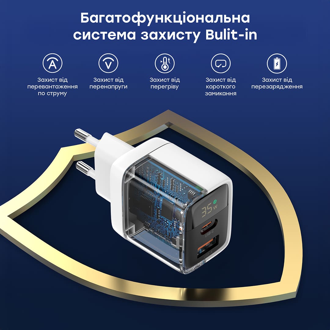 Адаптер PD6052 PD35W GAN A+C Display wall charger White Choetech