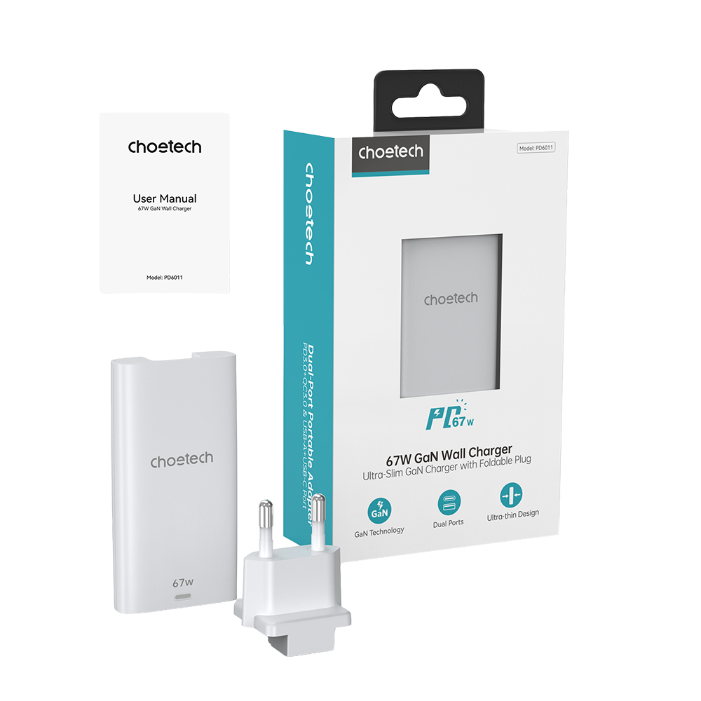 Адаптер PD6011 PD67W GAN A+C Ultra thin wall charger White Choetech Адаптер PD6011 PD67W GAN A+C Ultra thin wall charger White Choetech