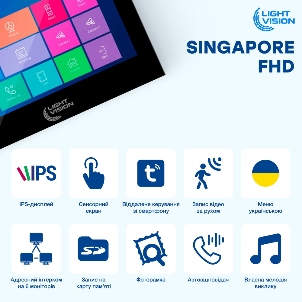 Видеодомофон SINGAPORE 7" WiFi FHD BLACK Light Vision Видеодомофон SINGAPORE 7" WiFi FHD BLACK Light Vision