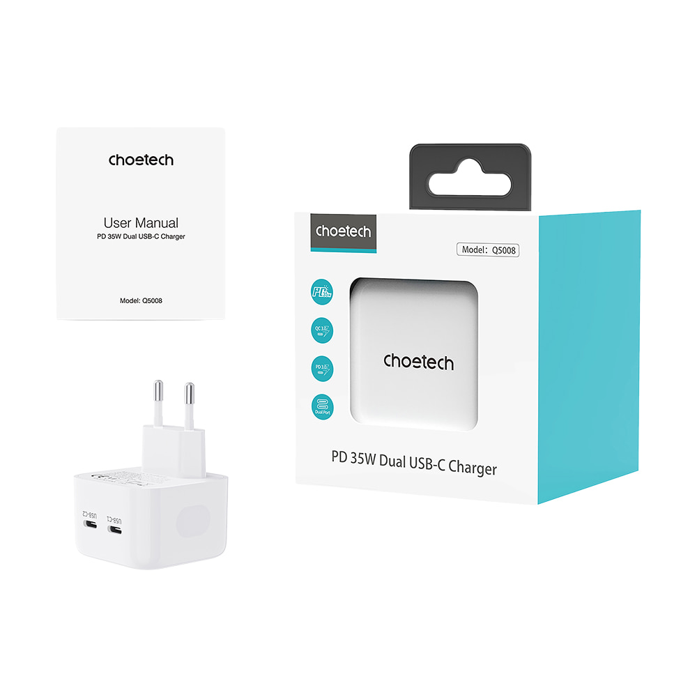 Адаптер Q5008 PD35W 2xUSB-C wall charger White Choetech Адаптер Q5008 PD35W 2xUSB-C wall charger White Choetech